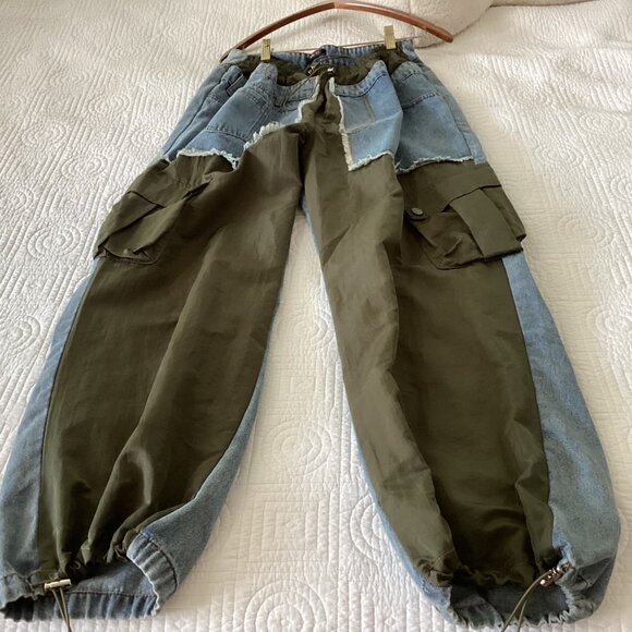 Micas Woman’s Multi Pocket Wide-Leg Cargo Jeans Size L Two-Tone Denim & Olive Gr - Picture 11 of 16
